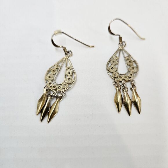 Boho Sterling Silver 925 Vermeil Byzantine Stule Dangle Drop Earrings Gold Tone - Picture 1 of 4